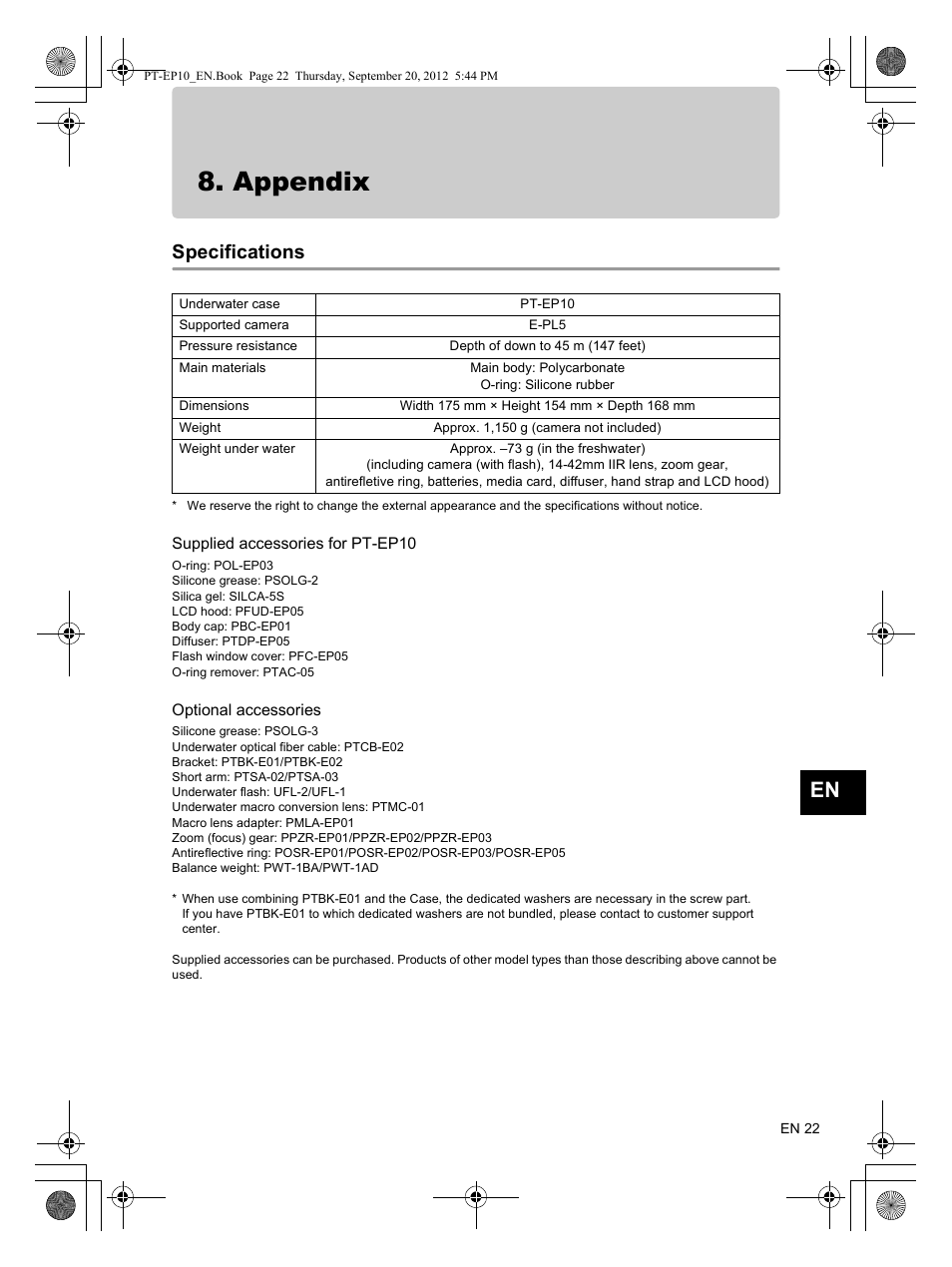 Appendix, Specifications | Olympus PT-EP10 User Manual | Page 23 / 24