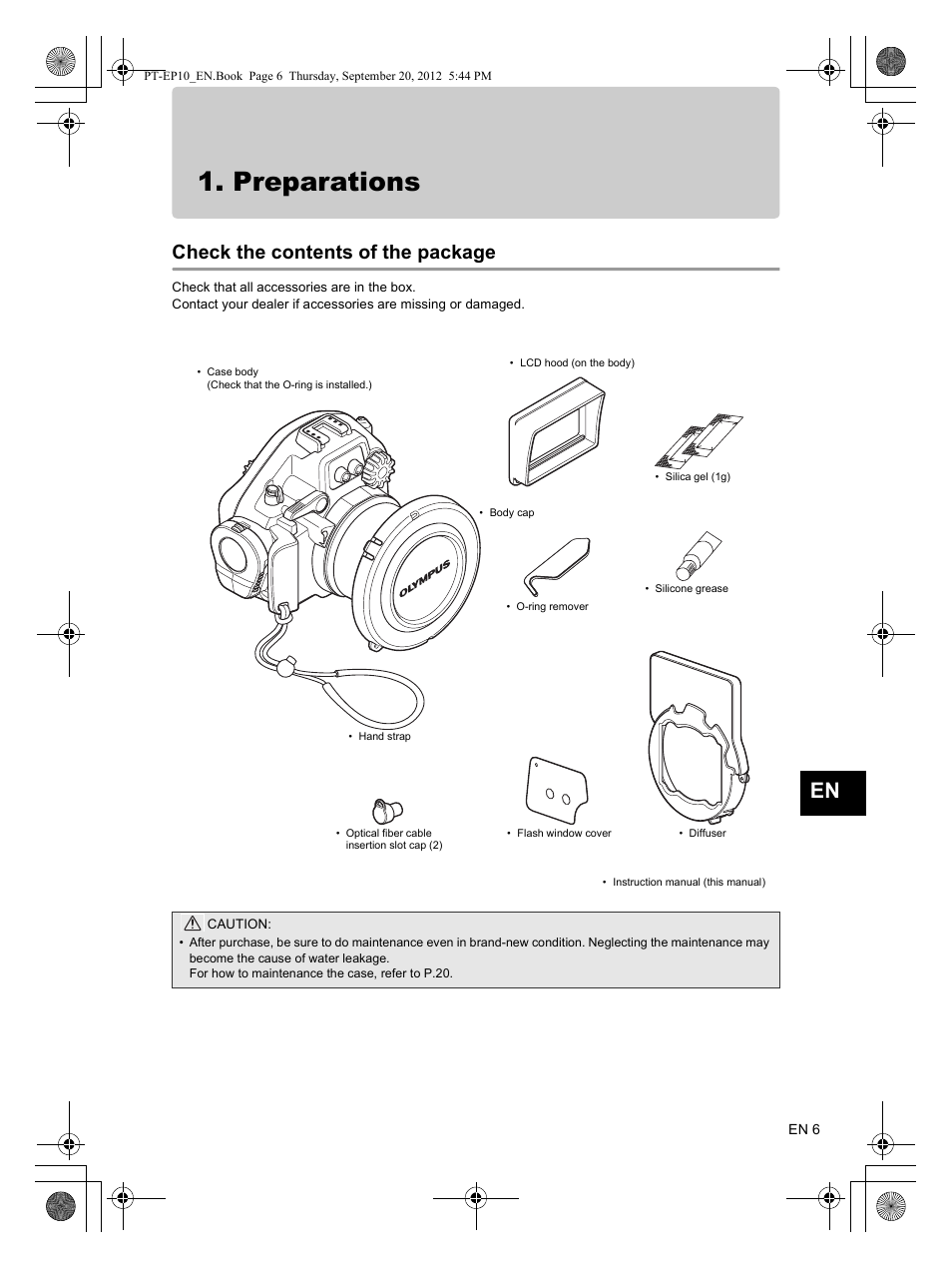 Preparations, Check the contents of the package | Olympus PT-EP10 User Manual | Page 7 / 24