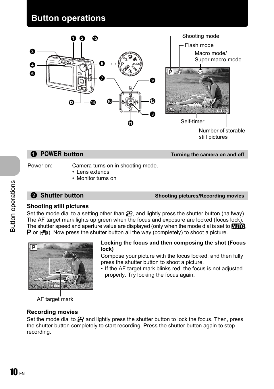 Button operations, Turning the camera on and off, Shooting pictures/recording movies | P. 10, But to n o perat io ns | Olympus FE-310 User Manual | Page 10 / 61