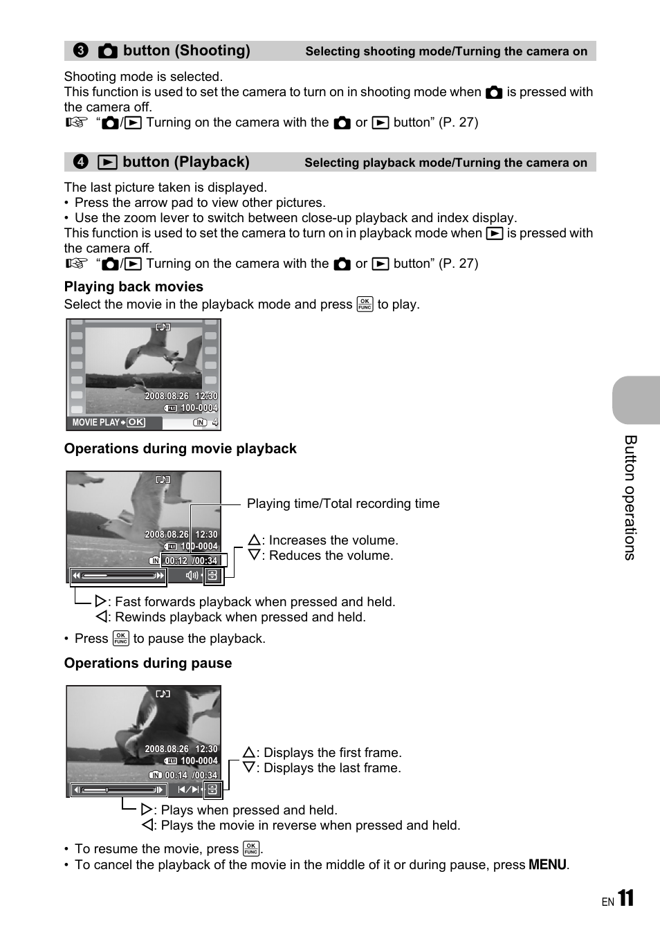 Selecting shooting mode/turning the camera on, Selecting playback mode/turning the camera on, Butt on op erati on s | K button (shooting), Q button (playback) | Olympus FE-310 User Manual | Page 11 / 61