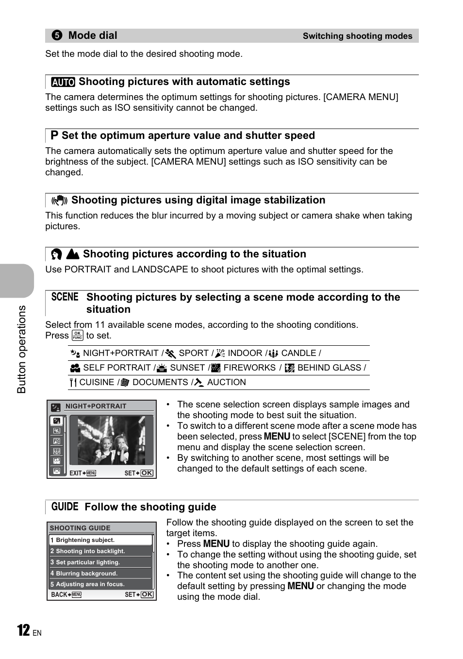 Switching shooting modes, Shooting pictures with automatic settings, Set the optimum aperture value and shutter speed | Shooting pictures according to the situation, Follow the shooting guide, But to n o perat io ns | Olympus FE-310 User Manual | Page 12 / 61