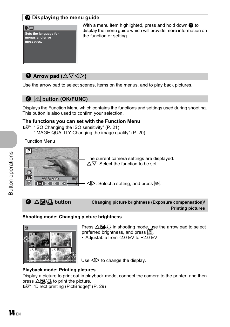 Displaying the menu guide, Arrow pad, Ok/func button | But to n o perat io ns, The functions you can set with the function menu | Olympus FE-310 User Manual | Page 14 / 61