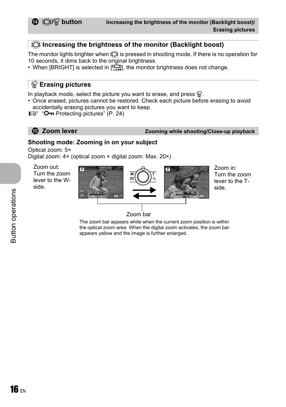 Erasing pictures, Zooming while shooting/close-up playback, But to n o perat io ns | S button, Shooting mode: zooming in on your subject, Zoom bar | Olympus FE-310 User Manual | Page 16 / 61