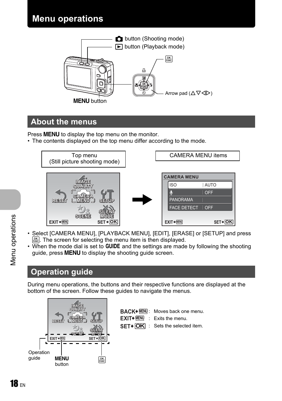 Menu operations, About the menus, Operation guide | P. 18, About the menus operation guide, Menu ope rati ons, M button, K button (shooting mode) q button (playback mode), Back, Exit | Olympus FE-310 User Manual | Page 18 / 61