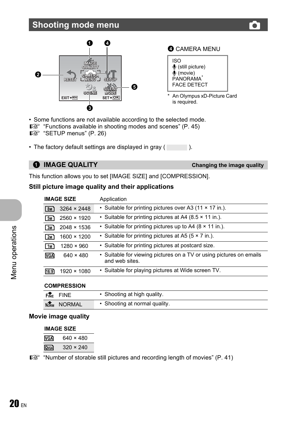 Shooting mode menu, Changing the image quality, Shooting mode menu k | Menu ope rati ons, Image quality | Olympus FE-310 User Manual | Page 20 / 61