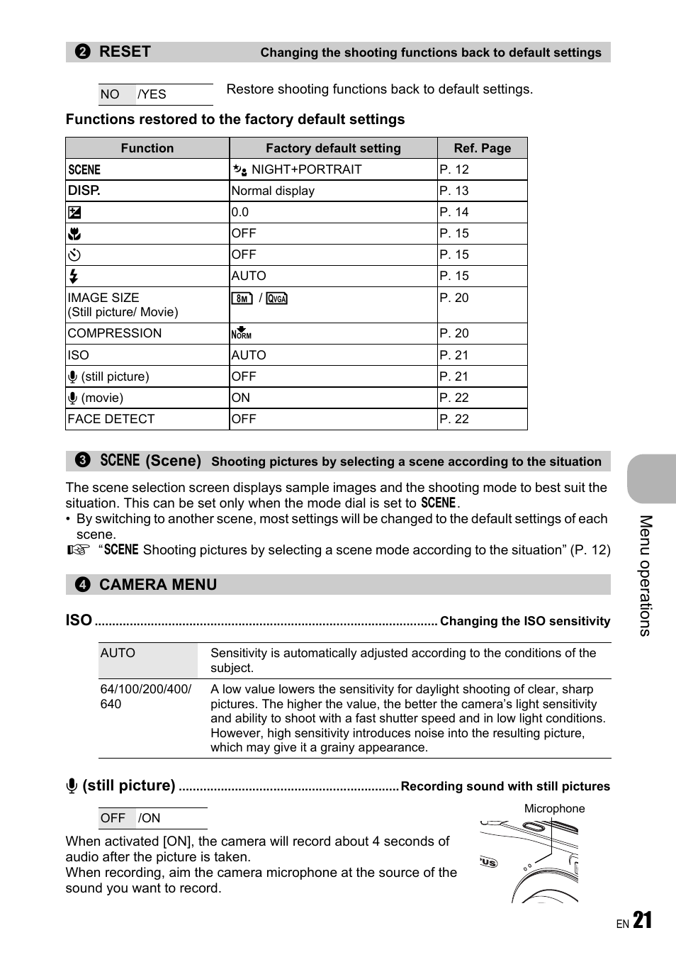 Camera menu, Changing the iso sensitivity, Recording sound with still pictures | Me nu opera tions | Olympus FE-310 User Manual | Page 21 / 61