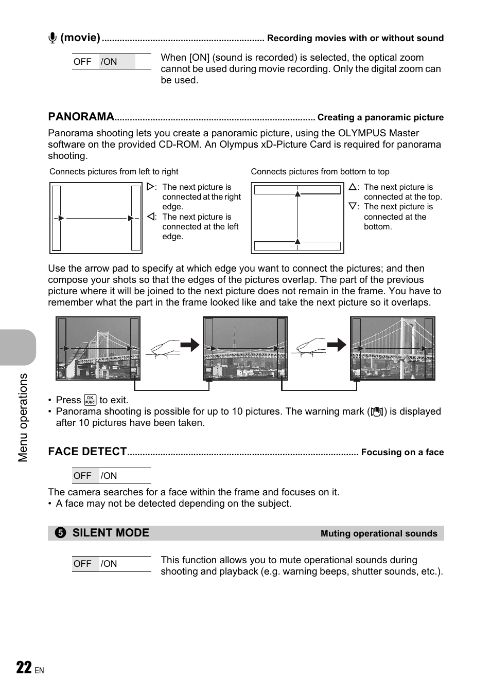 Recording movies with or without sound, Creating a panoramic picture, Focusing on a face | Muting operational sounds, P. 22, Menu ope rati ons | Olympus FE-310 User Manual | Page 22 / 61