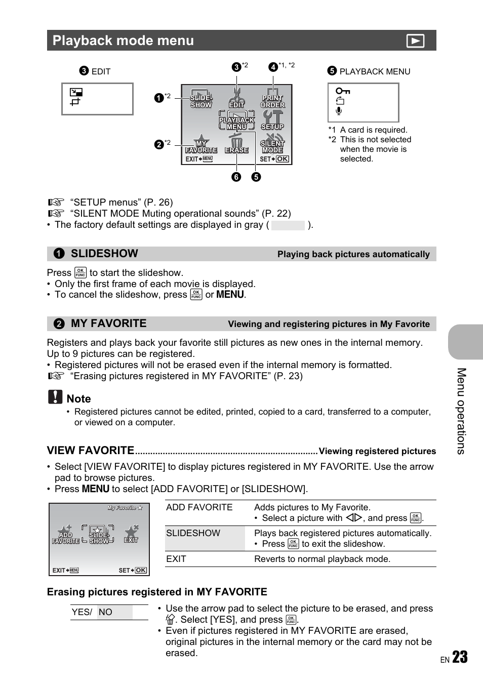 Playback mode menu, Playing back pictures automatically, Viewing and registering pictures in my favorite | Viewing registered pictures, Playback mode menu q, Me nu opera tions, Slideshow, My favorite, View favorite, Erasing pictures registered in my favorite | Olympus FE-310 User Manual | Page 23 / 61