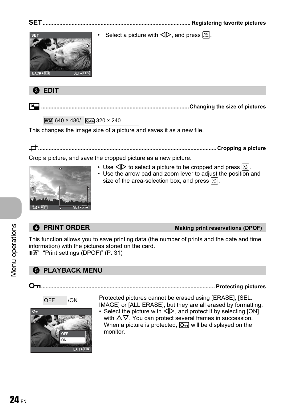 Registering favorite pictures, Edit, Changing the size of pictures | Cropping a picture, Making print reservations (dpof), Playback menu, Protecting pictures, Menu ope rati ons, Edit q, Print order | Olympus FE-310 User Manual | Page 24 / 61