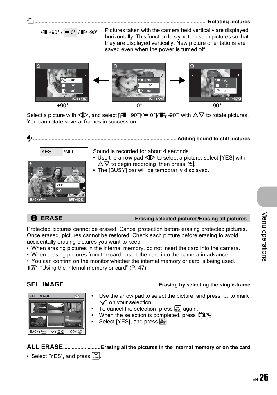 Rotating pictures, Adding sound to still pictures, Erasing selected pictures/erasing all pictures | Erasing by selecting the single-frame, Me nu opera tions, Erase, Sel. image, All erase | Olympus FE-310 User Manual | Page 25 / 61