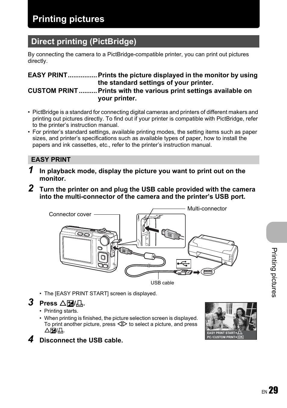 Printing pictures, Direct printing (pictbridge), Easy print | P. 29, 29 printing pictures | Olympus FE-310 User Manual | Page 29 / 61