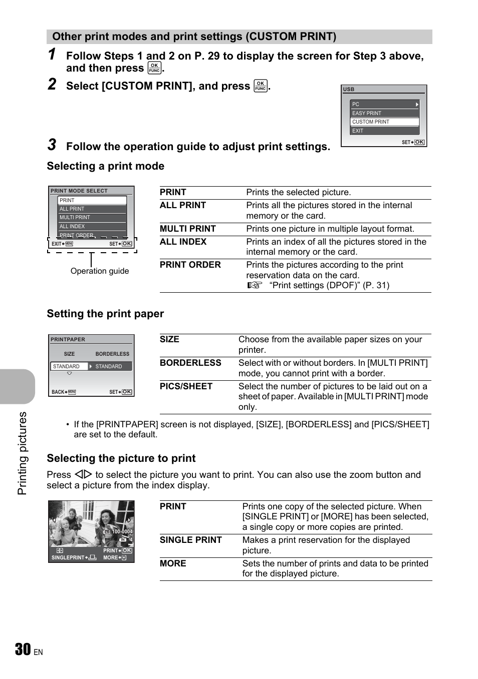 Pri nti ng pi ct ures, Select [custom print], and press | Olympus FE-310 User Manual | Page 30 / 61