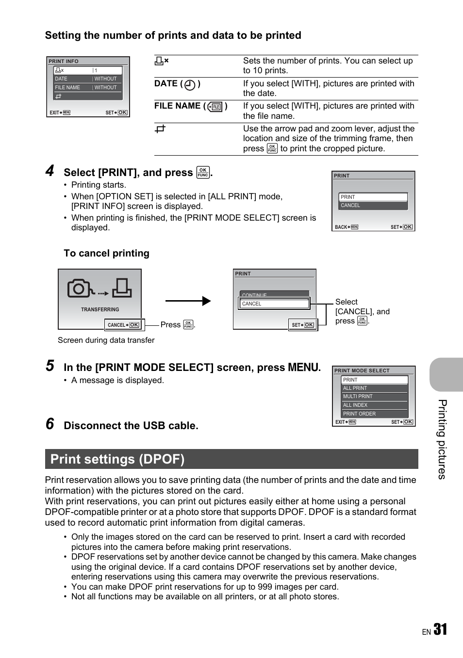 Print settings (dpof), Pri nt ing pi ct ures, Select [print], and press | Disconnect the usb cable | Olympus FE-310 User Manual | Page 31 / 61
