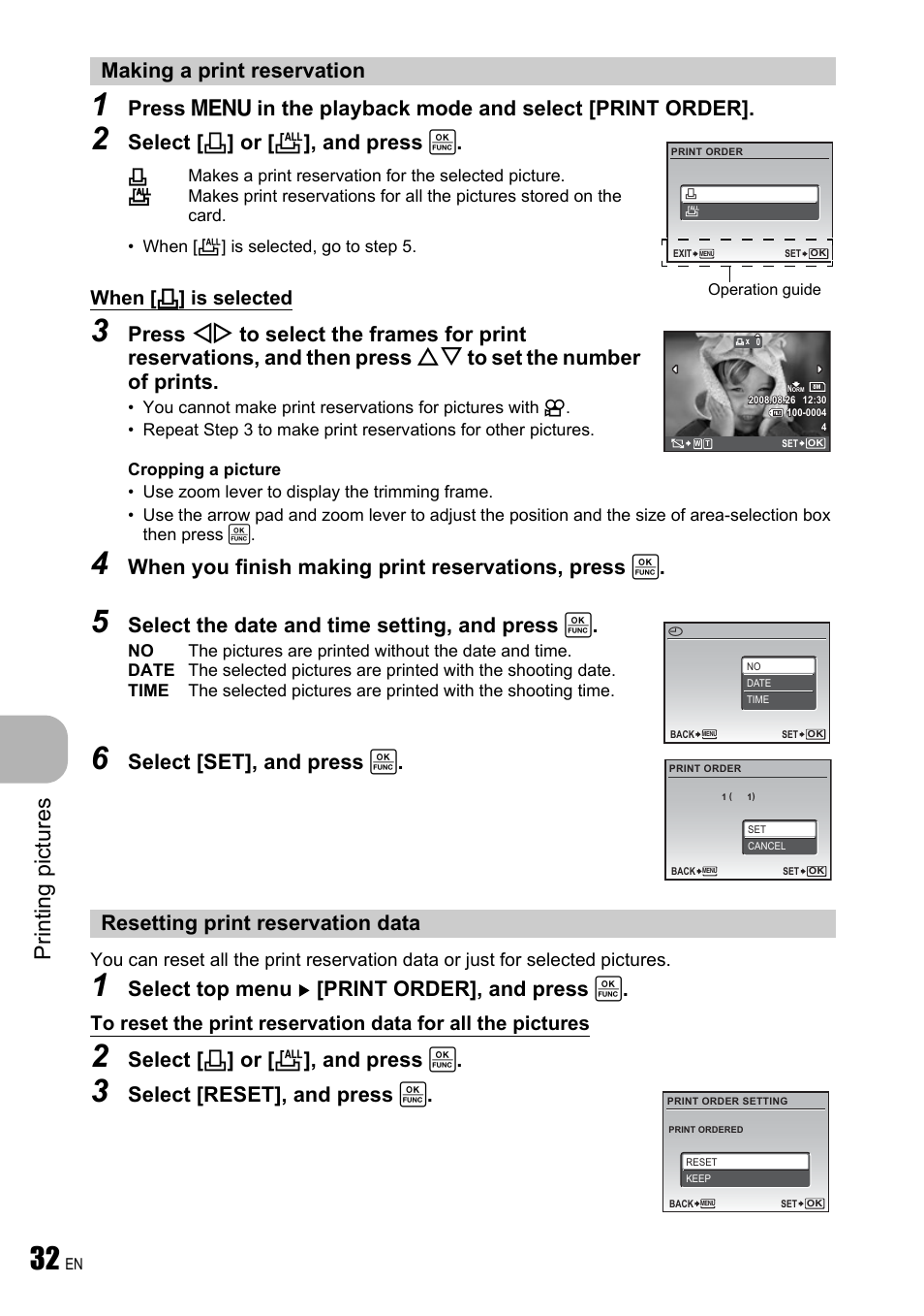 Making a print reservation, Resetting print reservation data, Pri nti ng pi ct ures | Select [ < ] or [ u ], and press, When you finish making print reservations, press, Select the date and time setting, and press, Select [set], and press, Select top menu [print order], and press, When [ < ] is selected | Olympus FE-310 User Manual | Page 32 / 61