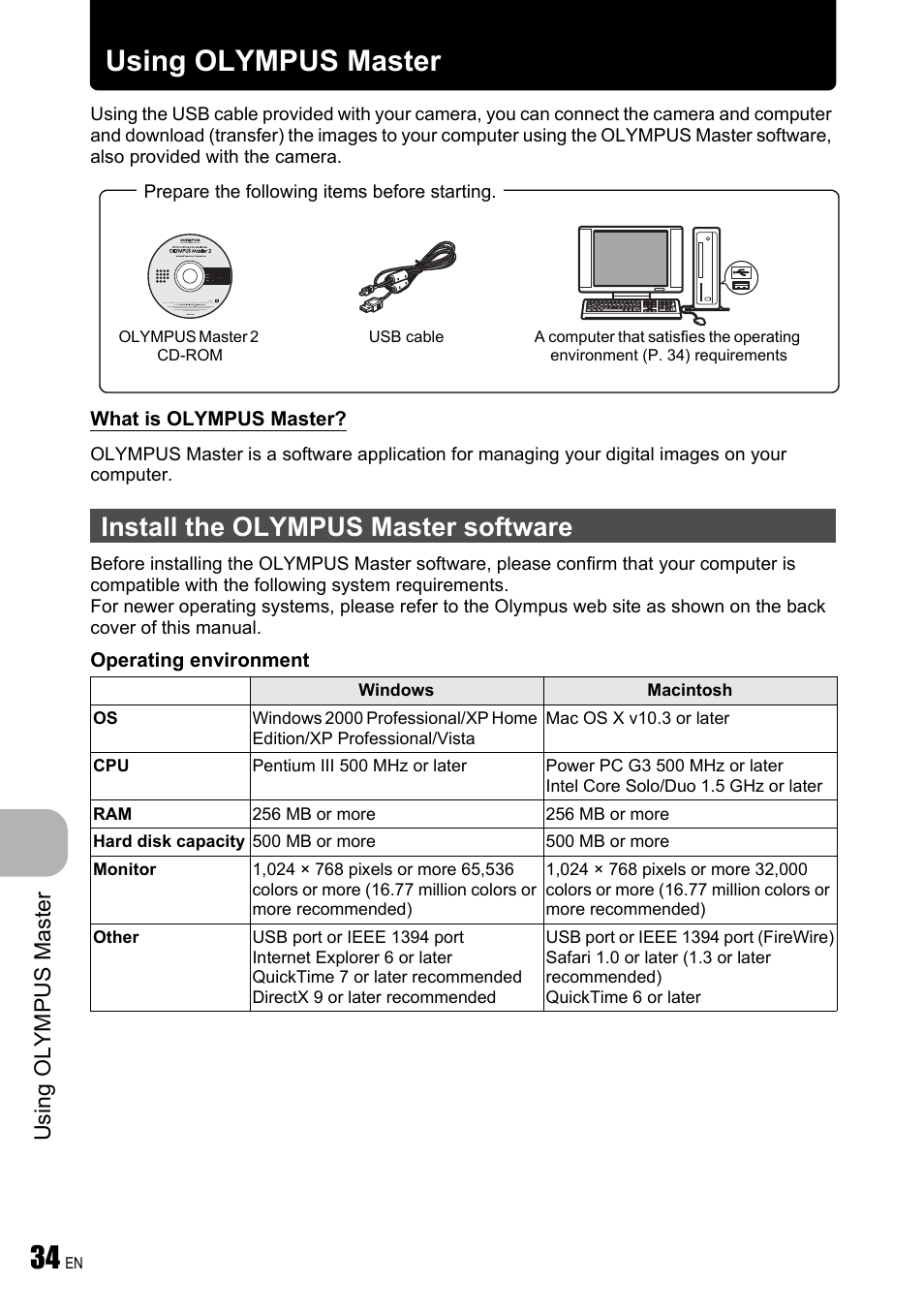 Using olympus master, Install the olympus master software, P. 34 | Usi ng o lympus mast er | Olympus FE-310 User Manual | Page 34 / 61