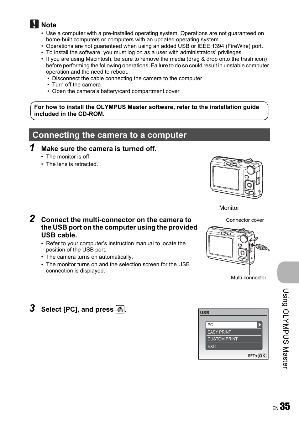 Connecting the camera to a computer, Usi ng olympus mast er | Olympus FE-310 User Manual | Page 35 / 61
