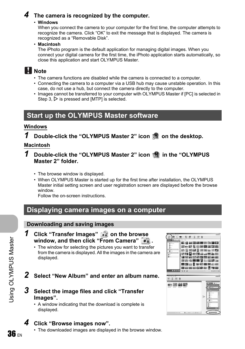 Start up the olympus master software, Displaying camera images on a computer, Downloading and saving images | Olympus FE-310 User Manual | Page 36 / 61
