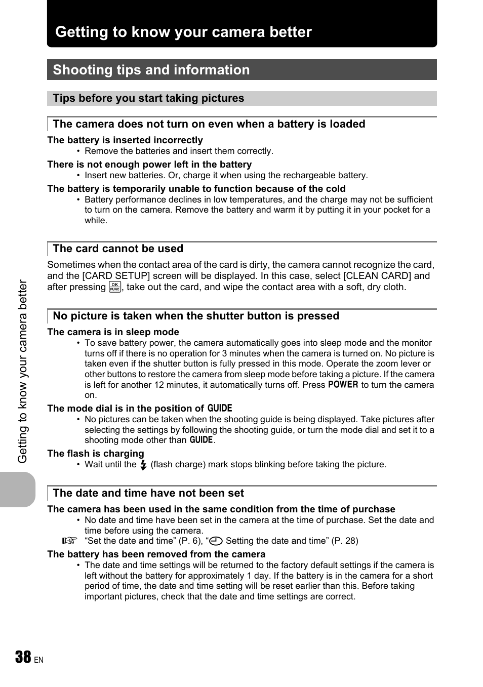 Getting to know your camera better, Shooting tips and information, Tips before you start taking pictures | The card cannot be used, The date and time have not been set, Getting to know your, Camera better, P. 38 | Olympus FE-310 User Manual | Page 38 / 61