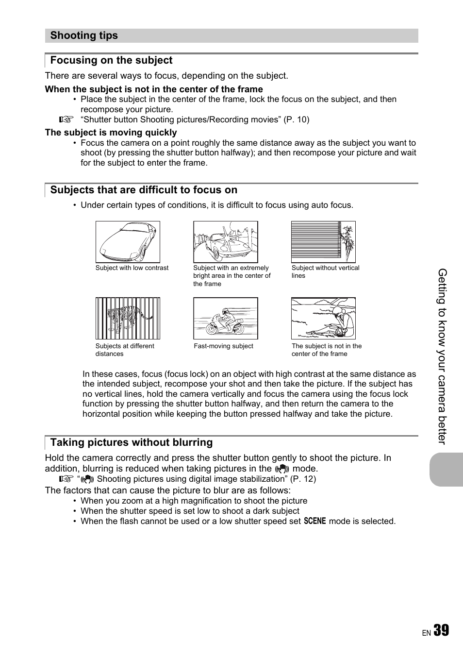 Shooting tips, Focusing on the subject, Subjects that are difficult to focus on | Taking pictures without blurring, Get ting to know your camera be tt er | Olympus FE-310 User Manual | Page 39 / 61