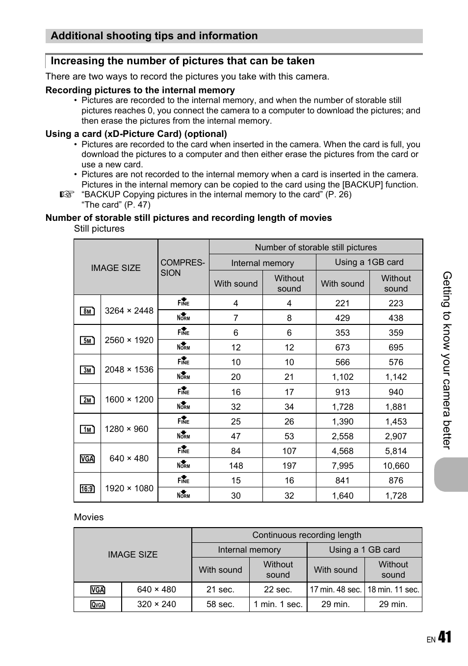 Additional shooting tips and information, Get ting to know your camera be tt er | Olympus FE-310 User Manual | Page 41 / 61