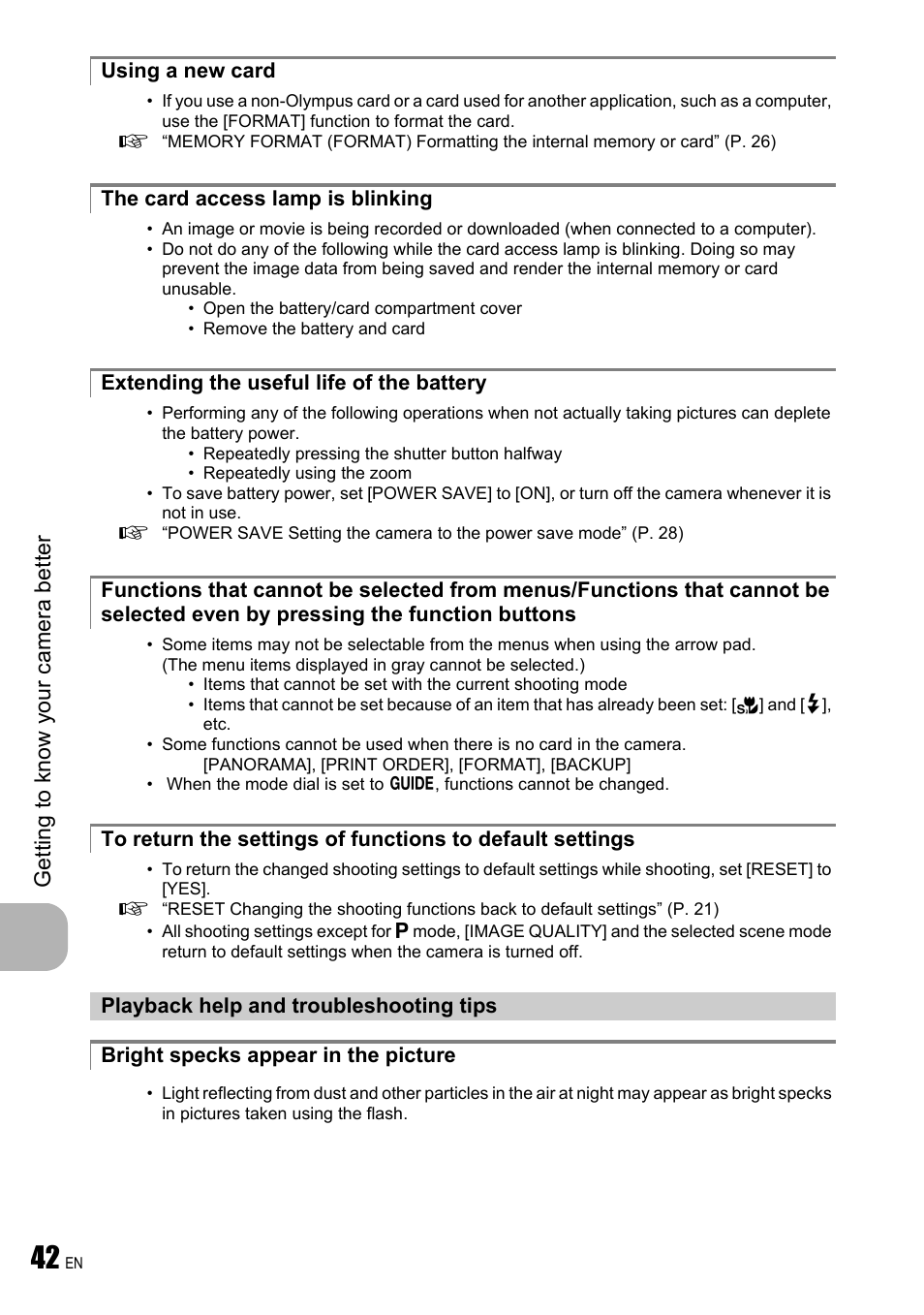 Using a new card, The card access lamp is blinking, Extending the useful life of the battery | Playback help and troubleshooting tips, Bright specks appear in the picture, Get ting t o know your camera bet ter | Olympus FE-310 User Manual | Page 42 / 61