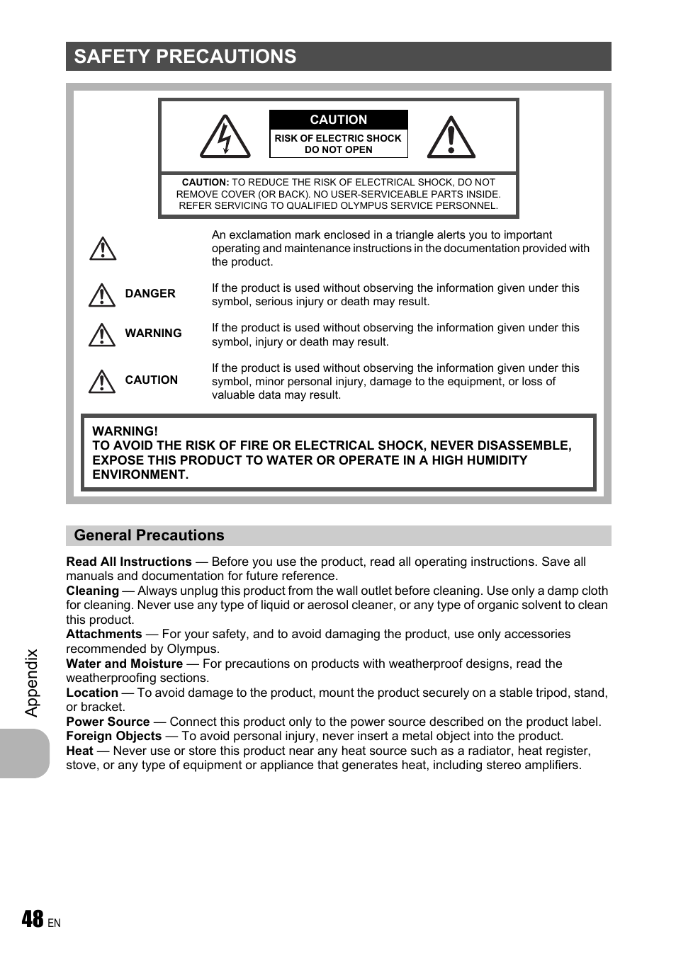 Safety precautions, App endi x | Olympus FE-310 User Manual | Page 48 / 61