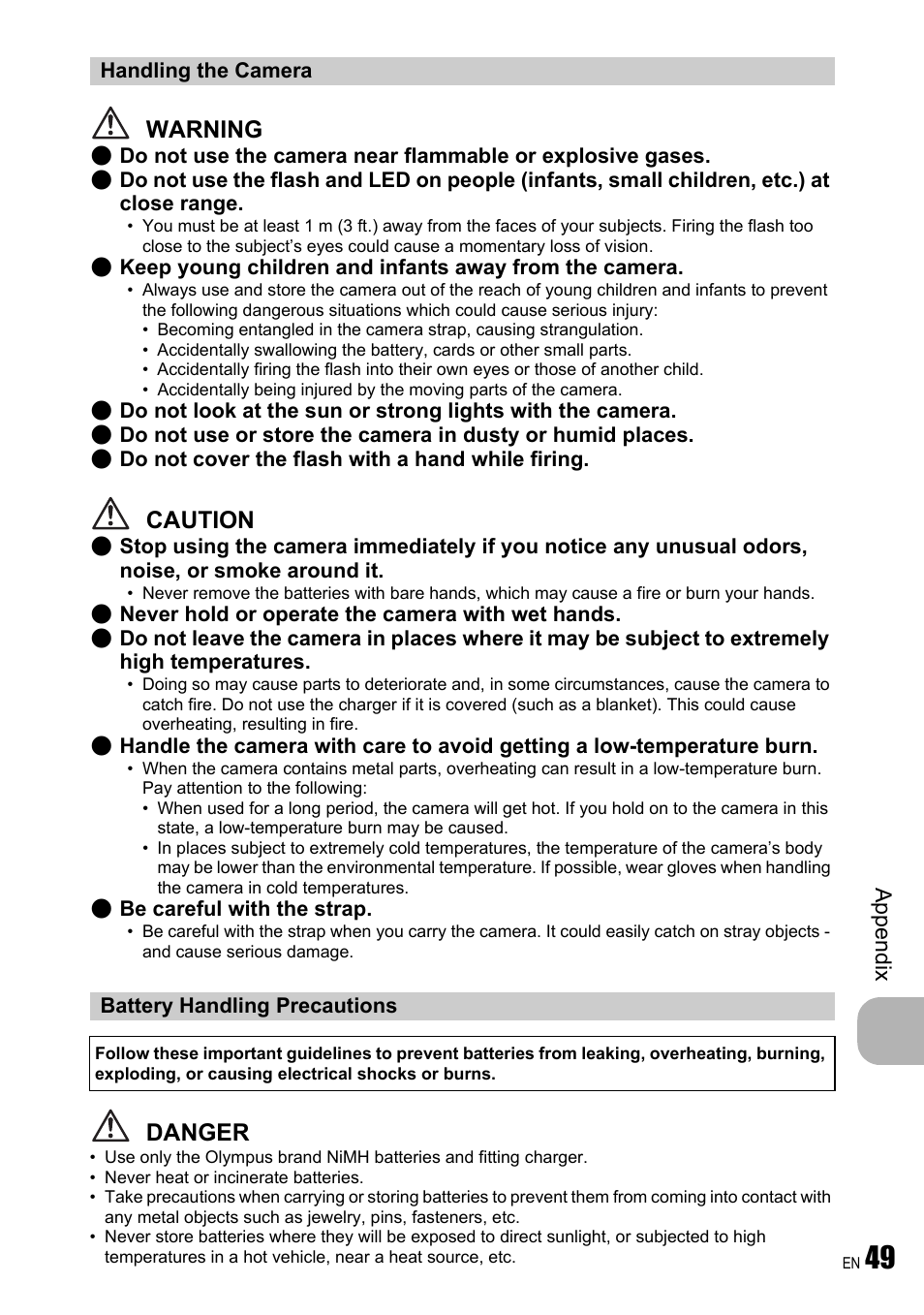 Warning, Caution, Danger | Olympus FE-310 User Manual | Page 49 / 61