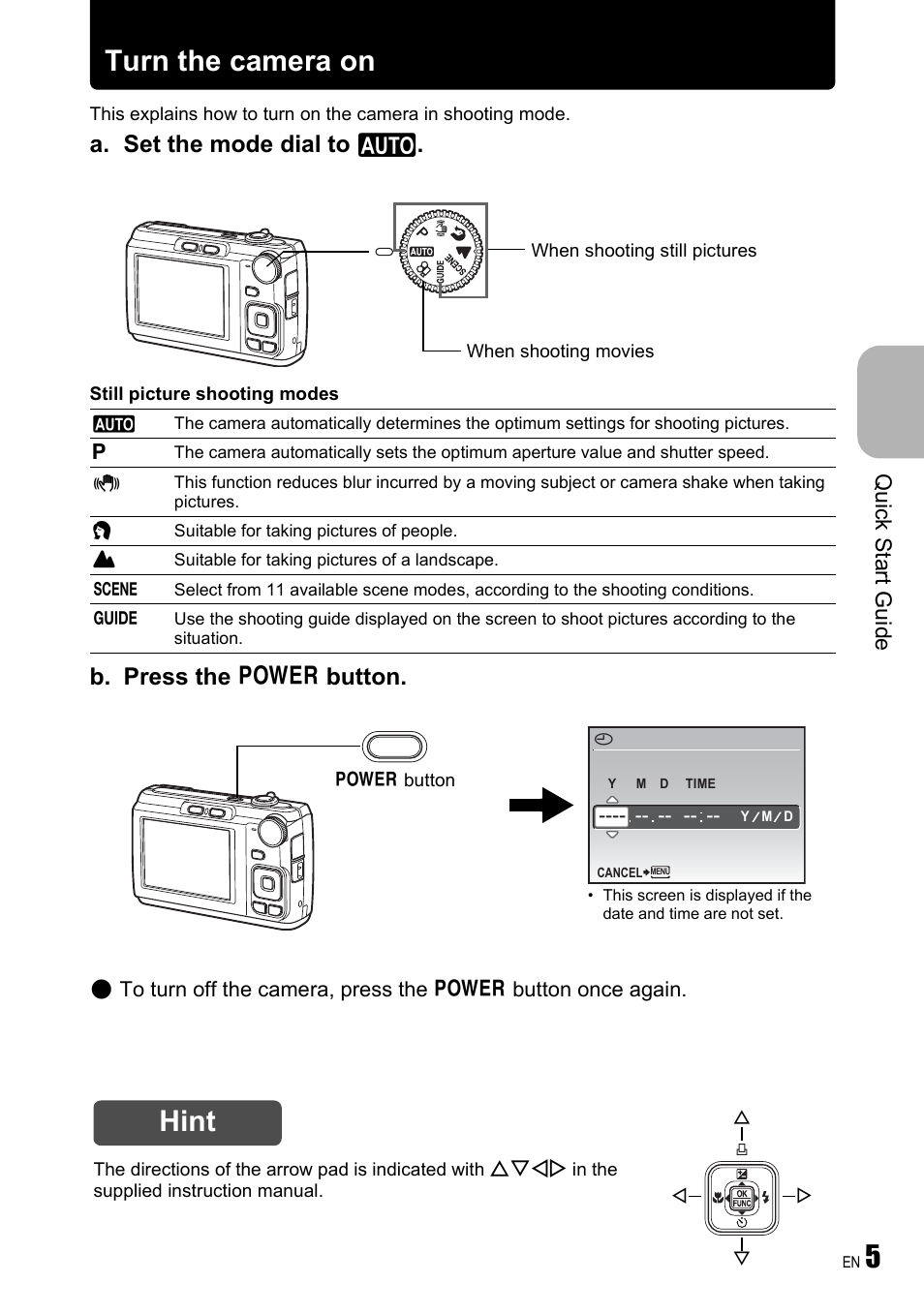 5turn the camera on, Hint, A. set the mode dial to h | B. press the o button, Quick start guide | Olympus FE-310 User Manual | Page 5 / 61