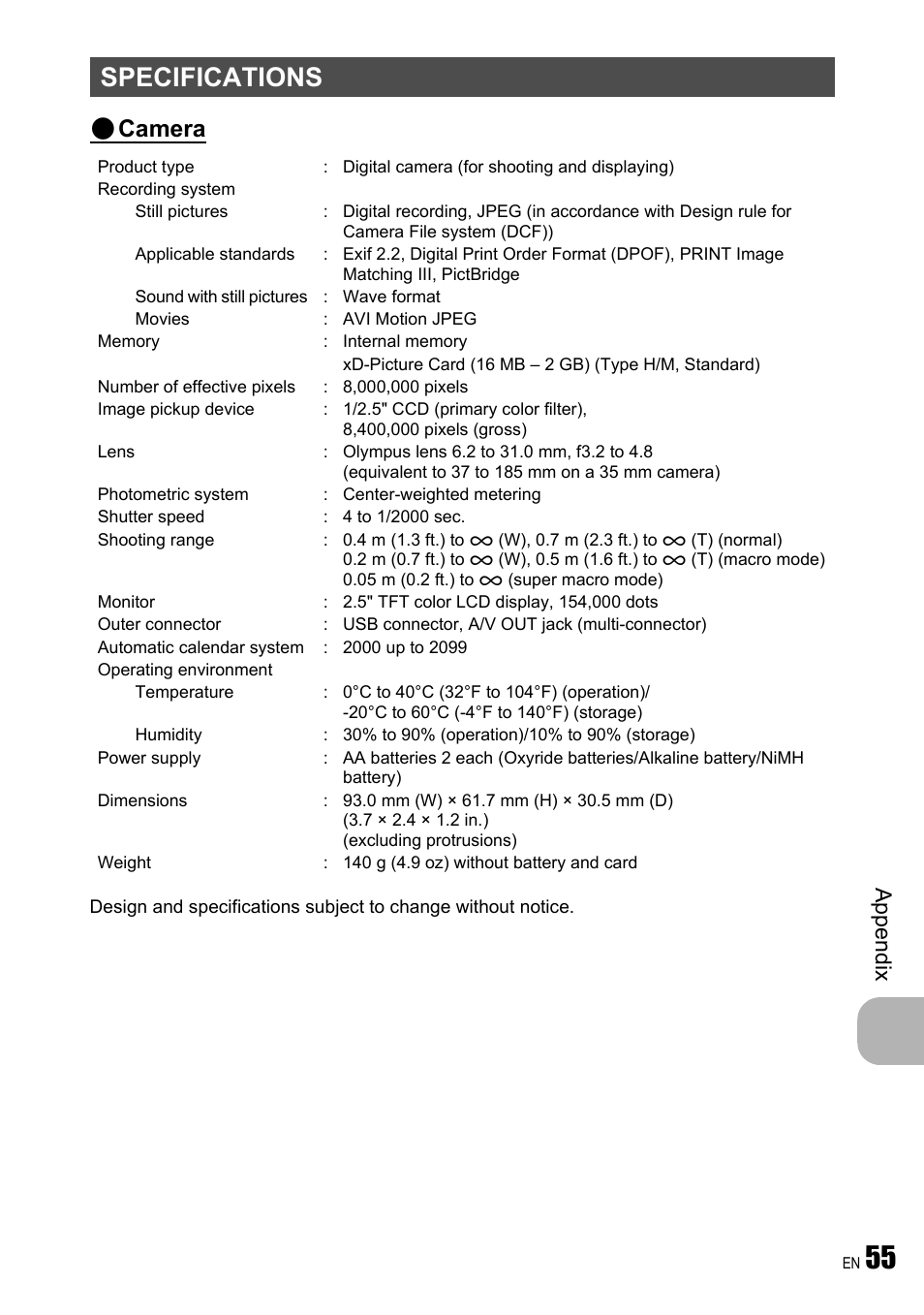 Specifications, Camera, Ap pend ix | Olympus FE-310 User Manual | Page 55 / 61