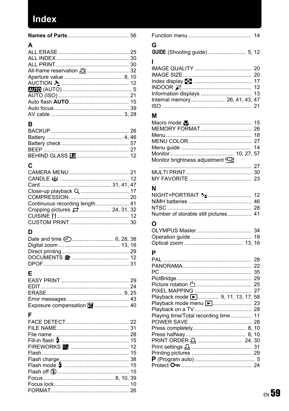 Index, 59 index | Olympus FE-310 User Manual | Page 59 / 61