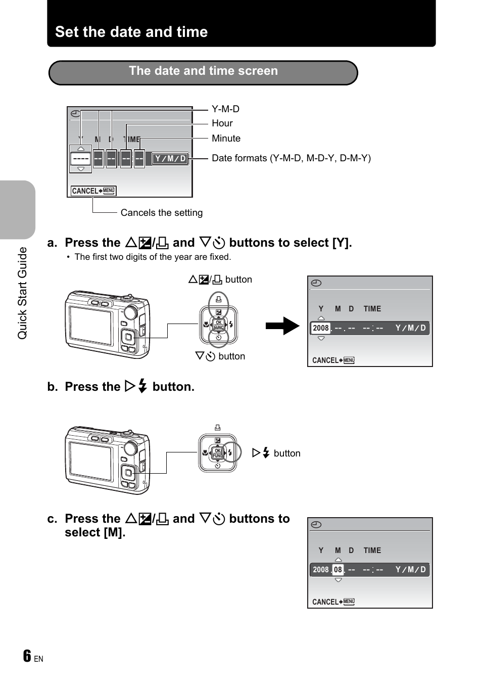 Set the date and time, A. press the of / < and ny buttons to select [y, Qu ic k s ta rt gu id e | Olympus FE-310 User Manual | Page 6 / 61