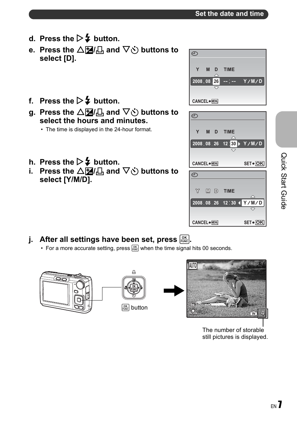 Quick start guide, Auto, Set the date and time | Olympus FE-310 User Manual | Page 7 / 61