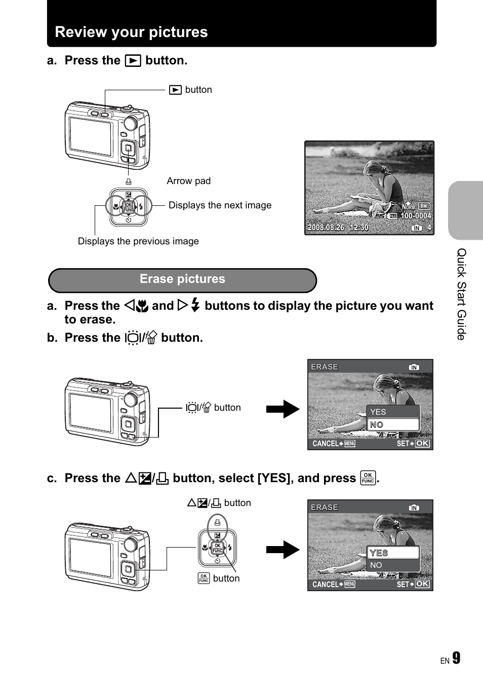 9review your pictures, Erase pictures, Quick start guide | Olympus FE-310 User Manual | Page 9 / 61