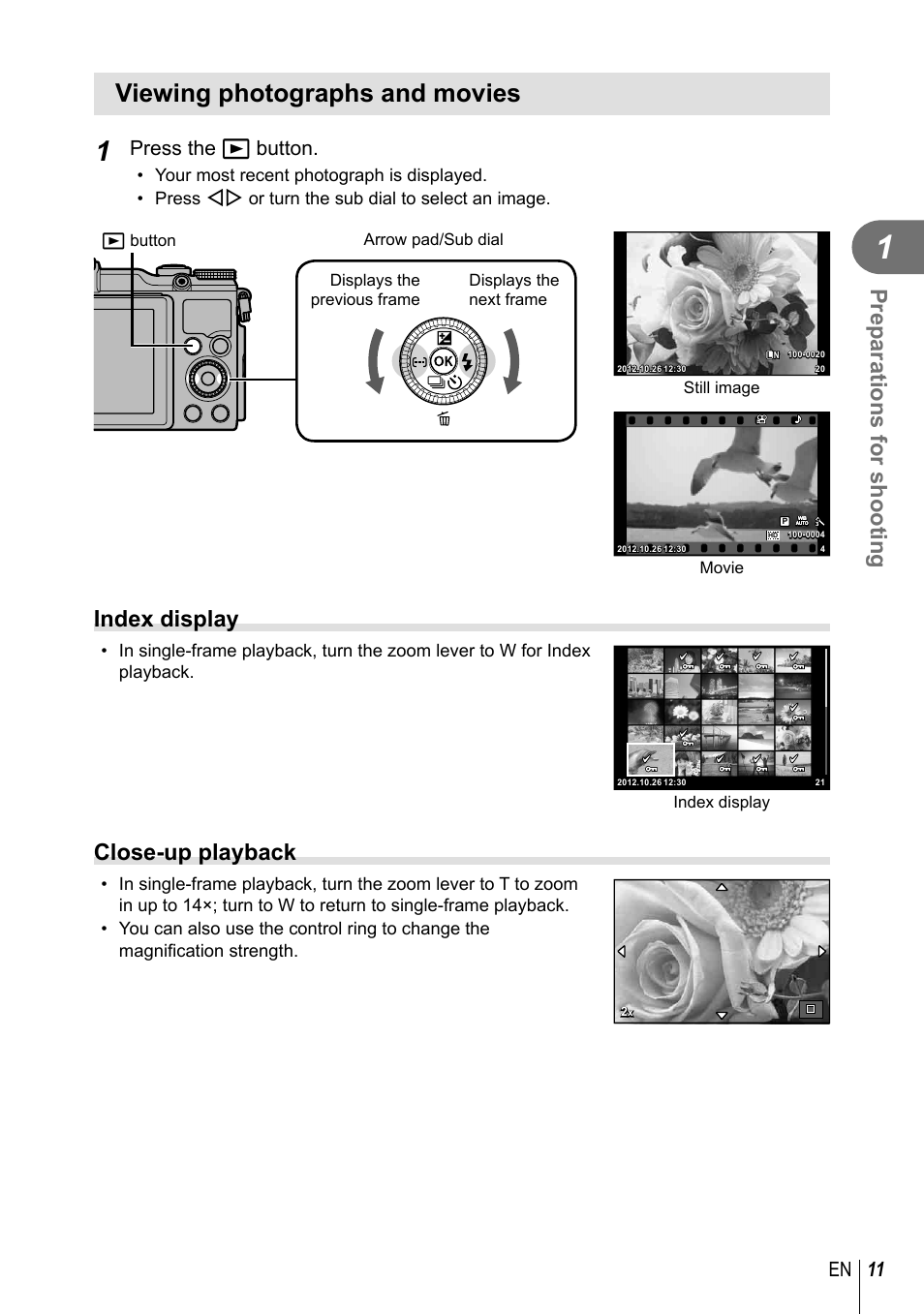 Viewing photographs and movies, Preparations for shooting, Index display | Close-up playback, 11 en, Press the q button | Olympus XZ-2 User Manual | Page 11 / 102