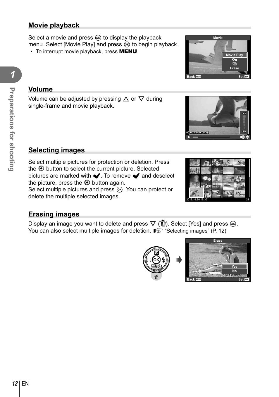 Preparations for shooting, Movie playback, Volume | Selecting images, Erasing images, 12 en | Olympus XZ-2 User Manual | Page 12 / 102