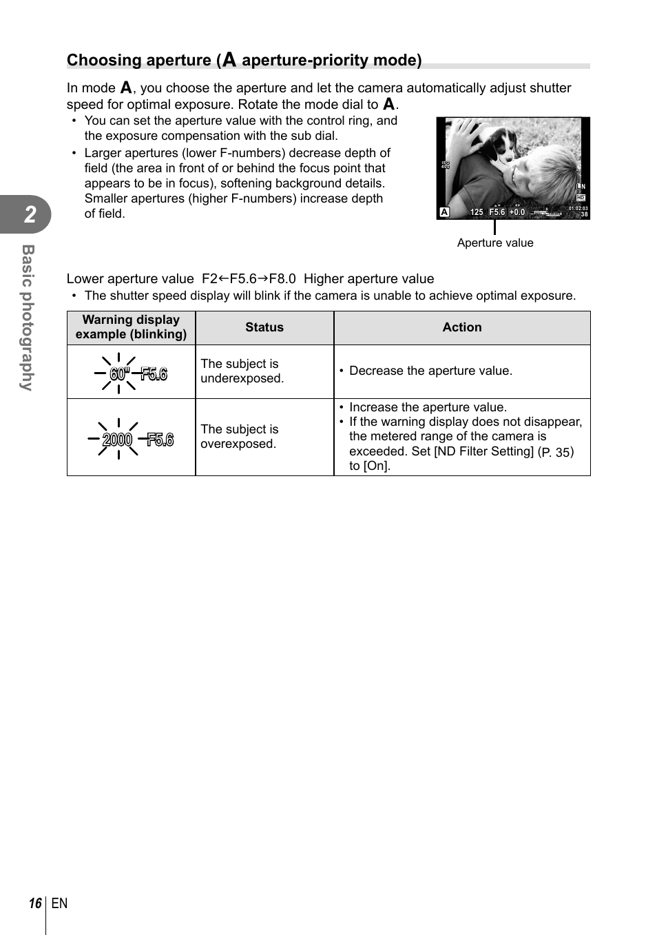 Basic photography, Choosing aperture ( a aperture-priority mode), 16 en | Olympus XZ-2 User Manual | Page 16 / 102