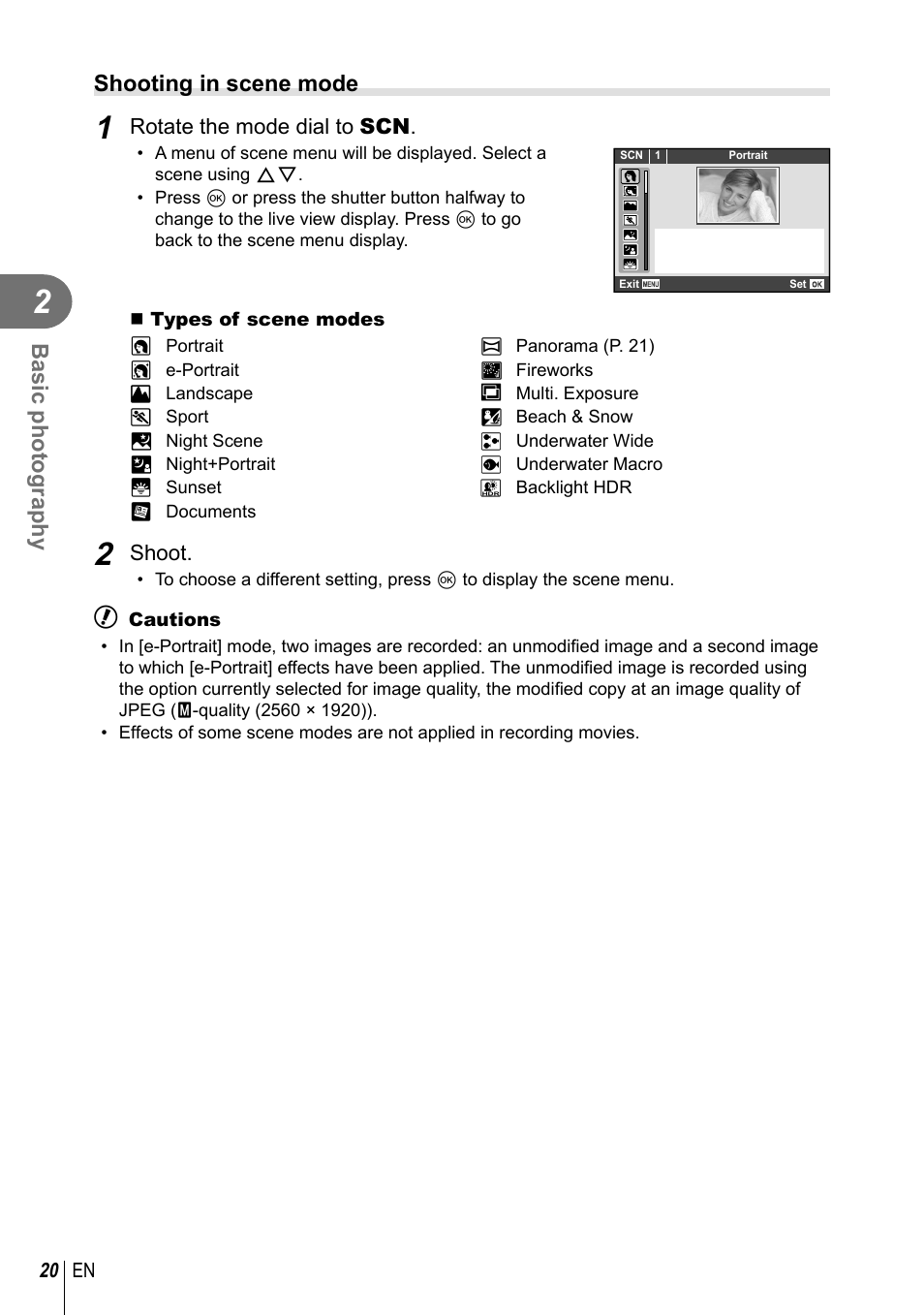 Basic photography, Shooting in scene mode | Olympus XZ-2 User Manual | Page 20 / 102