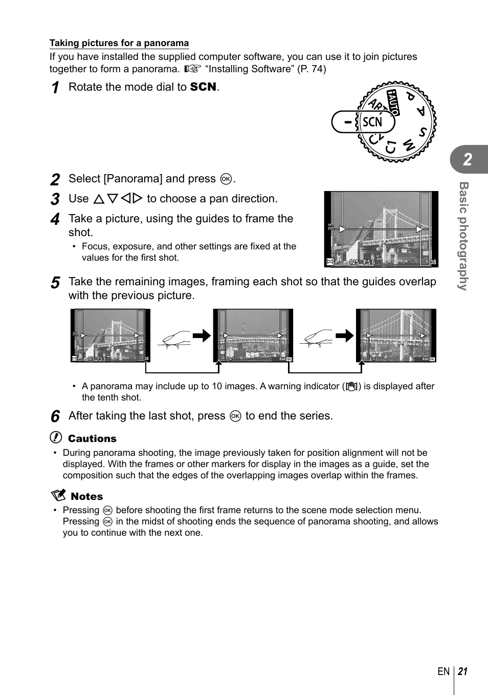 Basic photography, Rotate the mode dial to scn, Select [panorama] and press q | Use fghi to choose a pan direction, Take a picture, using the guides to frame the shot | Olympus XZ-2 User Manual | Page 21 / 102