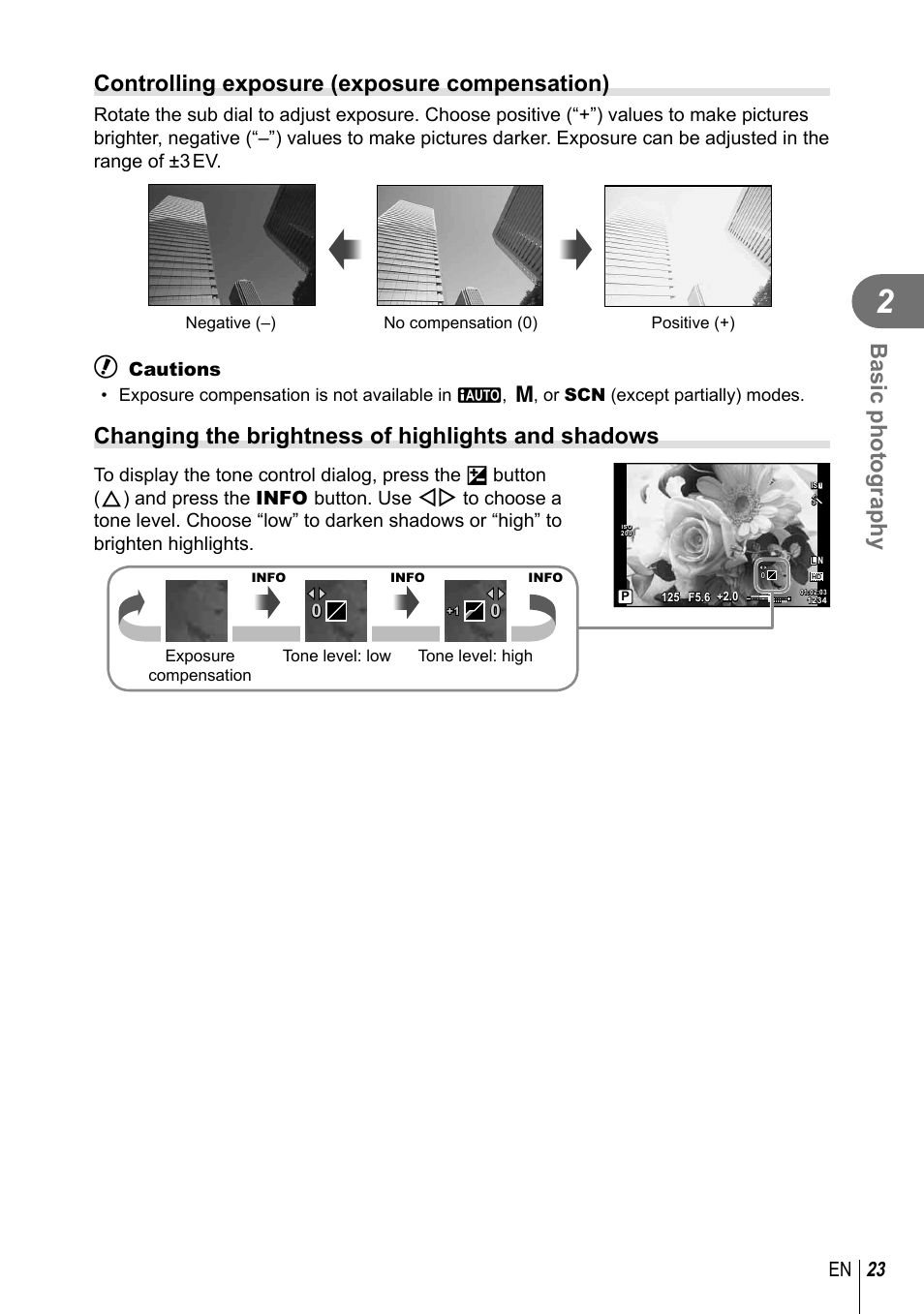 Basic photography, Controlling exposure (exposure compensation), Changing the brightness of highlights and shadows | 23 en, Cautions | Olympus XZ-2 User Manual | Page 23 / 102