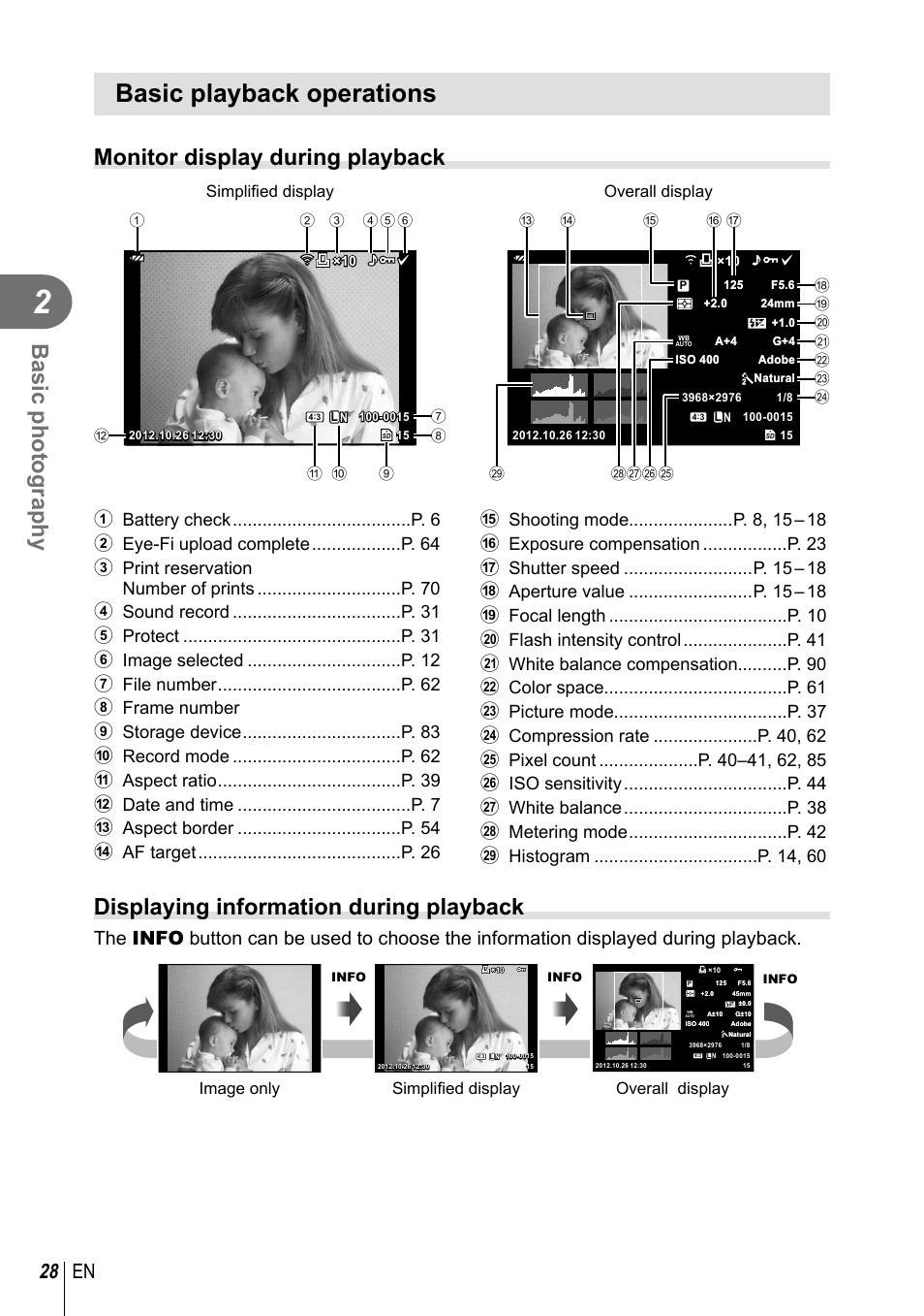 Basic playback operations, Basic photography, Monitor display during playback | Displaying information during playback, 28 en, Simplifi ed display, Overall display, Simplifi ed display image only | Olympus XZ-2 User Manual | Page 28 / 102