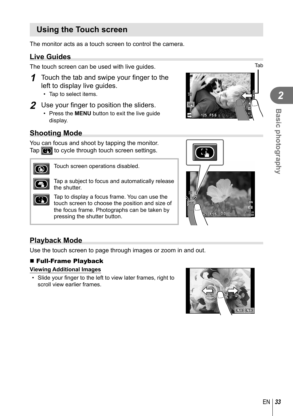 Using the touch screen, Basic photography, Live guides | Shooting mode, Playback mode, Use your fi nger to position the sliders, 33 en, The touch screen can be used with live guides | Olympus XZ-2 User Manual | Page 33 / 102