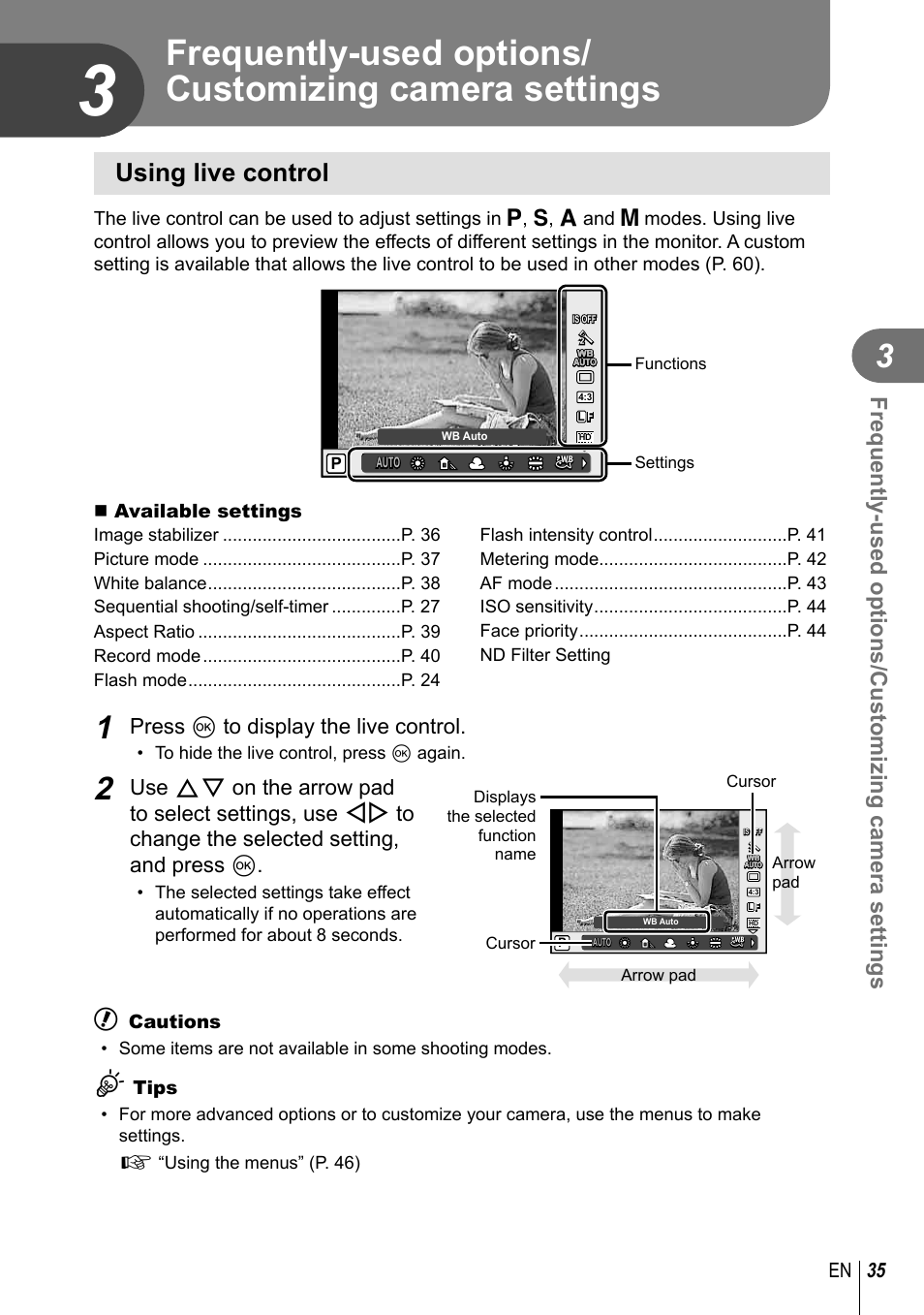 Using live control, Press q to display the live control, 35 en | Available settings, Cautions, Tips | Olympus XZ-2 User Manual | Page 35 / 102