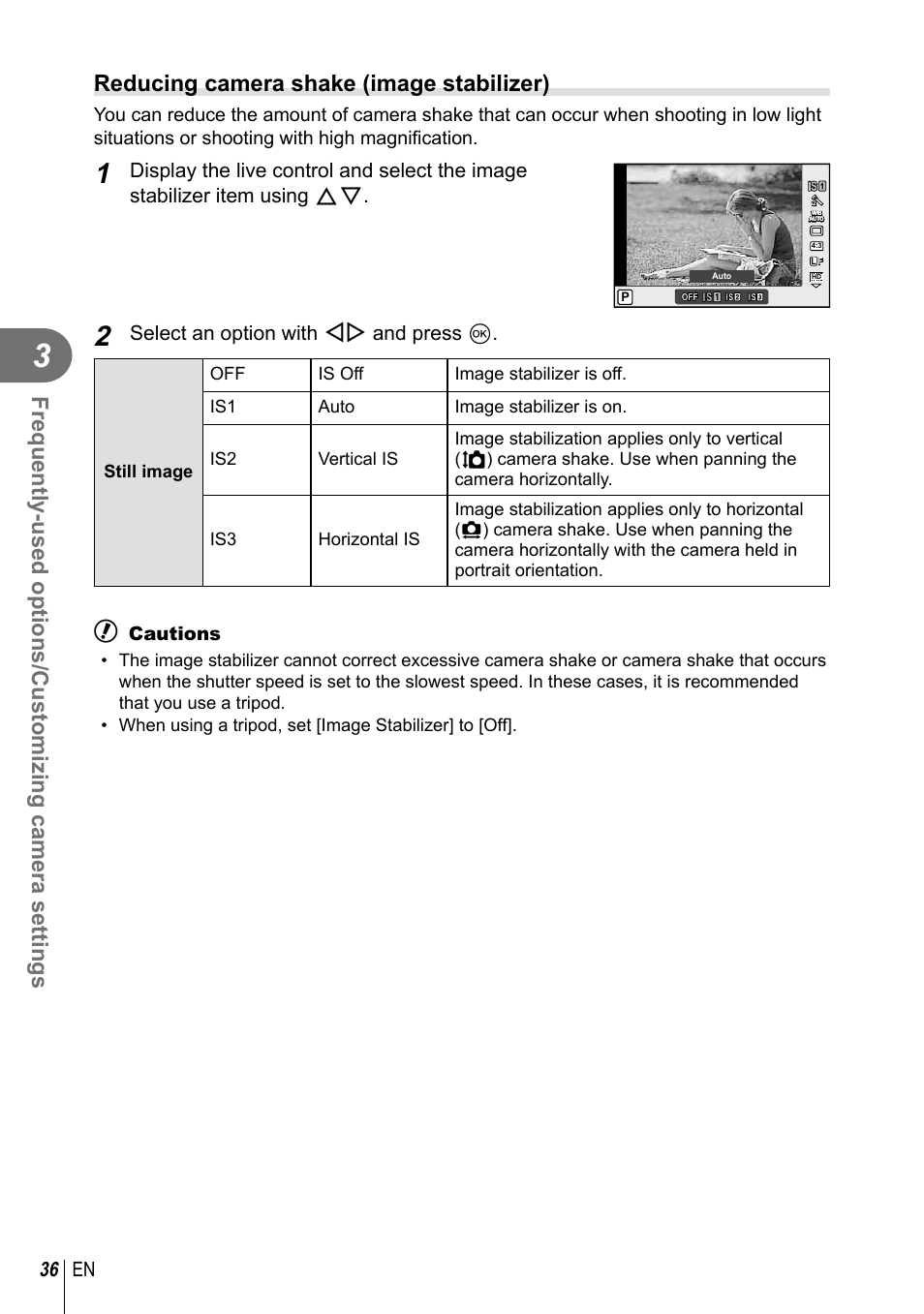 Reducing camera shake (image stabilizer), 36 en, Select an option with hi and press q | Olympus XZ-2 User Manual | Page 36 / 102