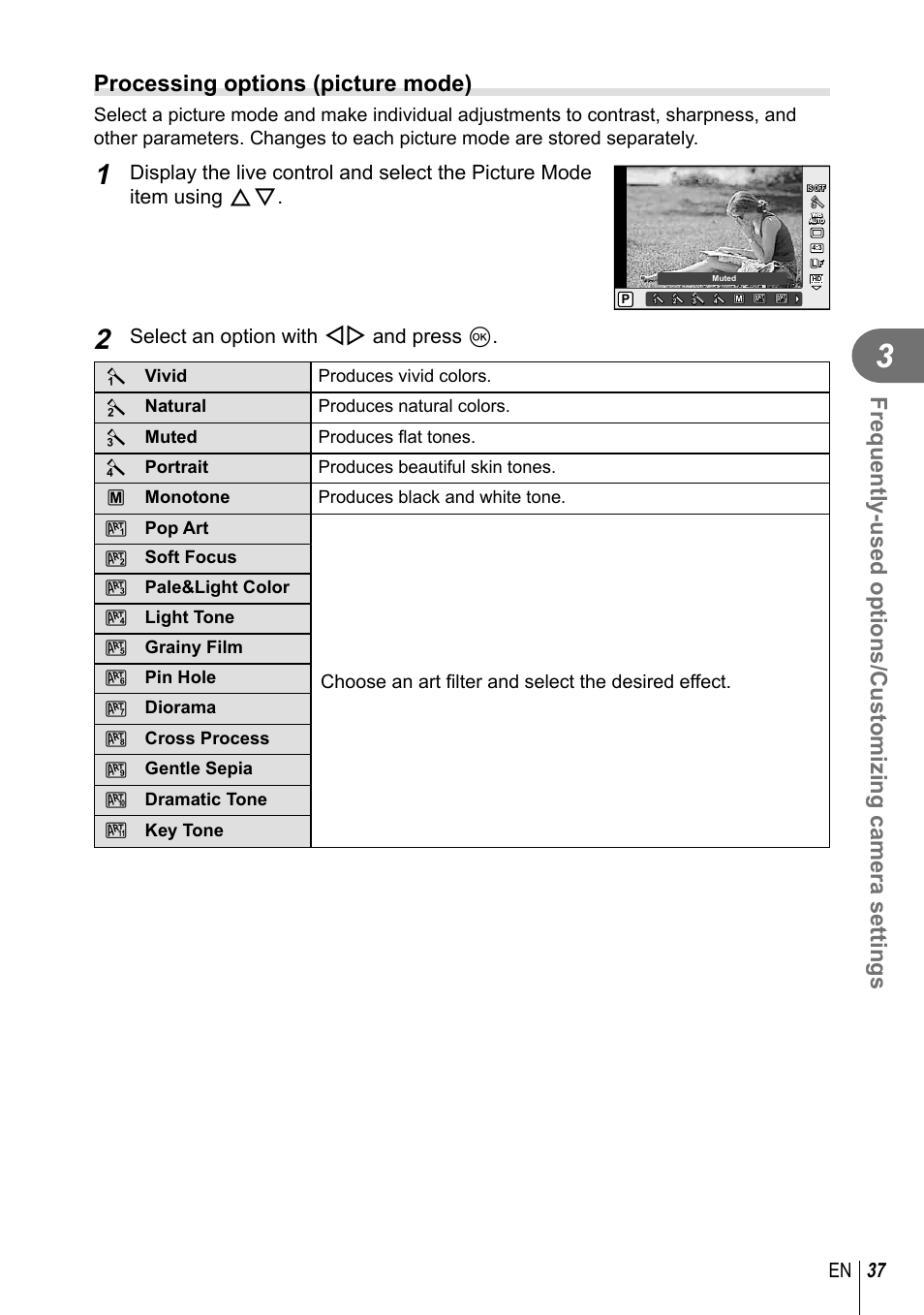 Processing options (picture mode), 37 en, Select an option with hi and press q | Olympus XZ-2 User Manual | Page 37 / 102