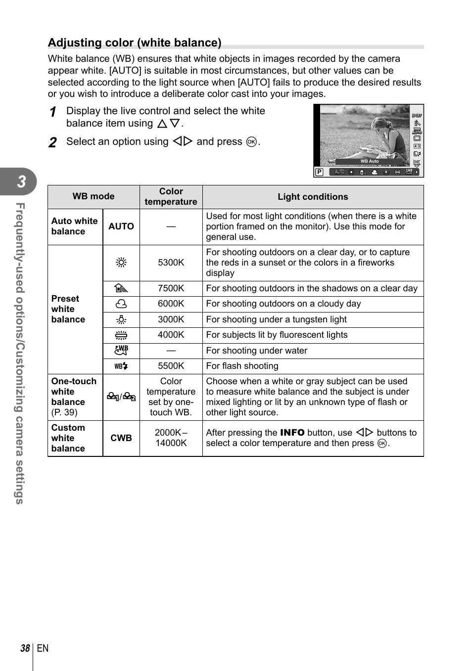 Adjusting color (white balance), 38 en, Select an option using hi and press q | Olympus XZ-2 User Manual | Page 38 / 102