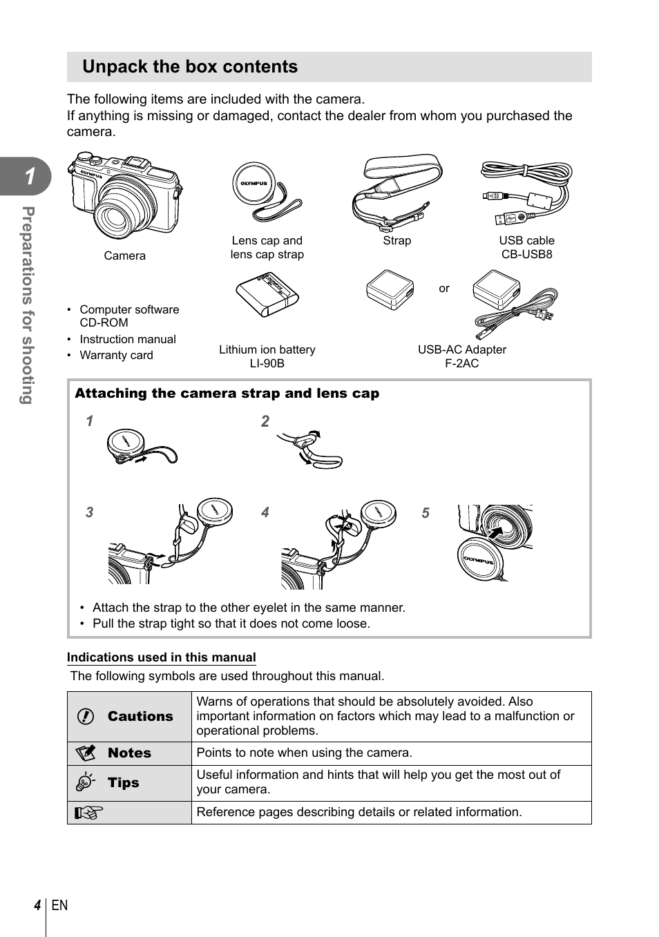 Unpack the box contents | Olympus XZ-2 User Manual | Page 4 / 102