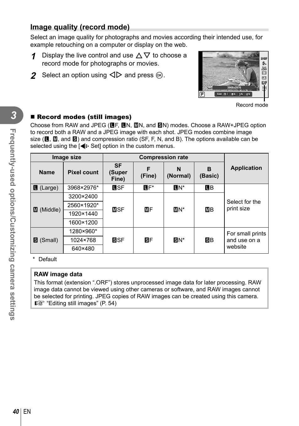 Image quality (record mode), 40 en, Select an option using hi and press q | Olympus XZ-2 User Manual | Page 40 / 102