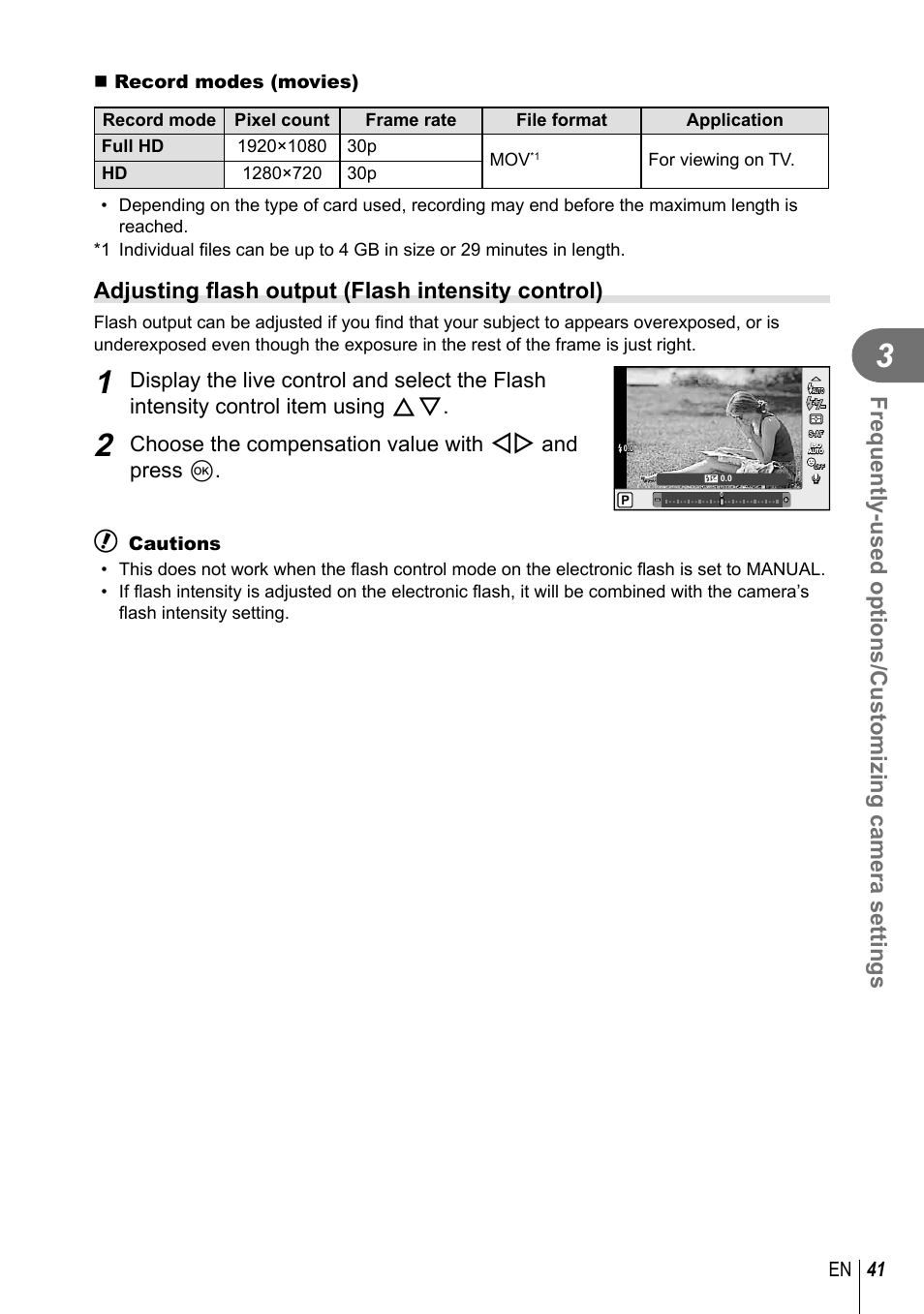 Adjusting fl ash output (flash intensity control), Choose the compensation value with hi and press q, 41 en | Olympus XZ-2 User Manual | Page 41 / 102