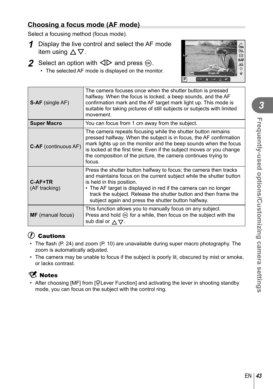 Choosing a focus mode (af mode), Select an option with hi and press q, 43 en | Select a focusing method (focus mode), Cautions | Olympus XZ-2 User Manual | Page 43 / 102