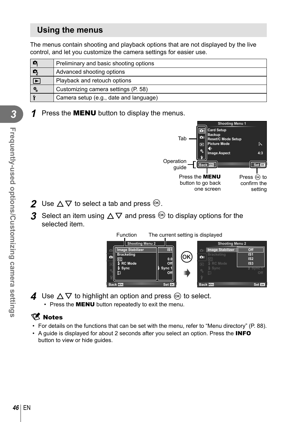 Using the menus, Press the menu button to display the menus, Use fg to select a tab and press q | 46 en | Olympus XZ-2 User Manual | Page 46 / 102